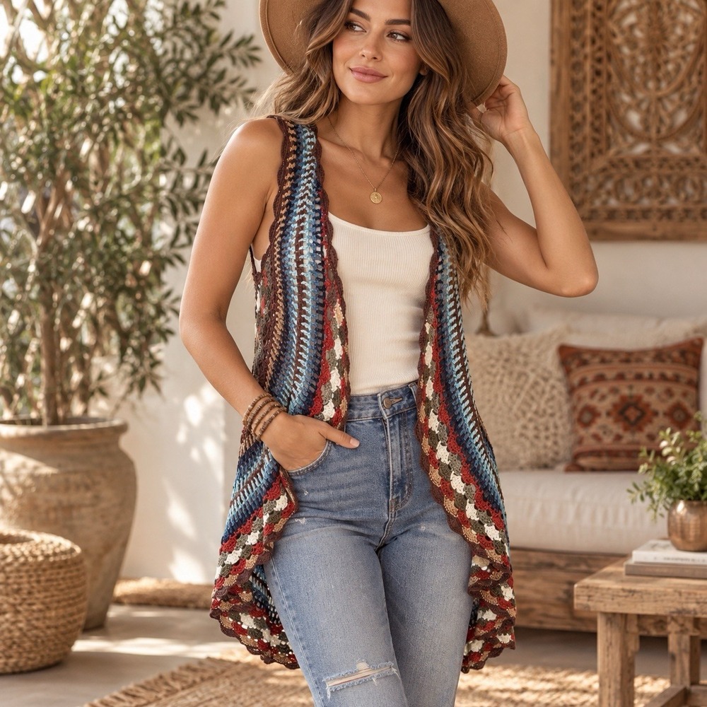 Almost Famous Long Crochet Vest Womens L Multicolor Boho Open Knit Hippie